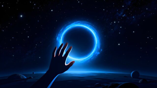 Hand reaching for glowing blue ring in space