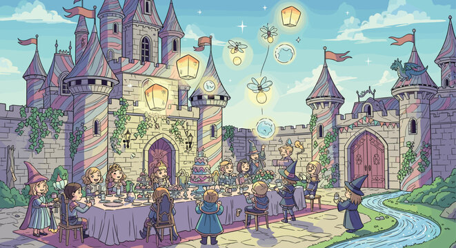 Children attend a magical medieval-themed birthday party inside a castle courtyard with lanterns, a wizard, and a dragon on the wall.