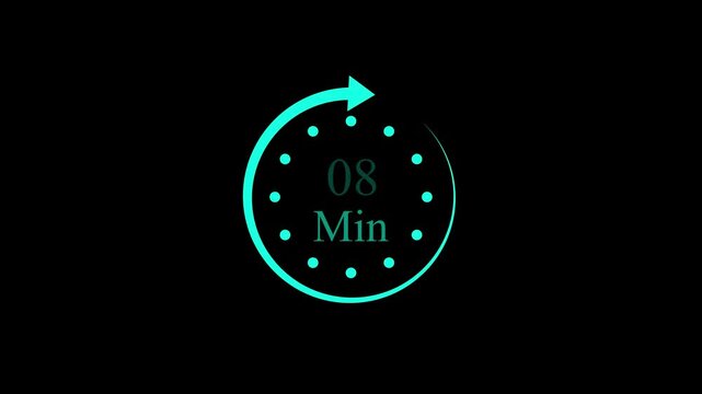 Red color circle arrow refresh icon and 08 min timer icon 4k animation on black background video .