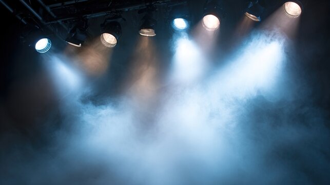 dancer. Dramatic stage spotlight illuminating smoke in a dark theater, creating abstract light beams for an atmospheric performance. event programs.