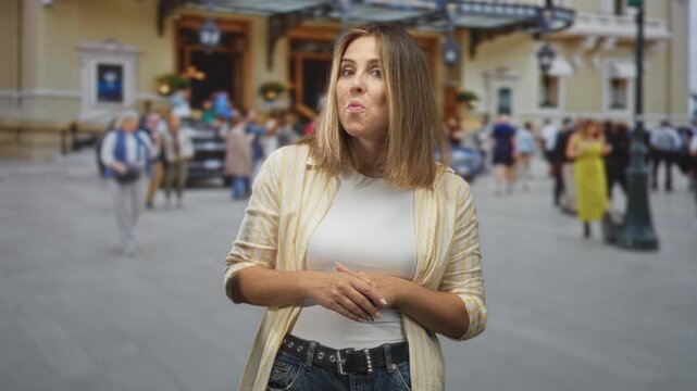 Woman with hands clasped and pouting lips in front of a historic building on a busy street with pedestrians; surprise curiosity.