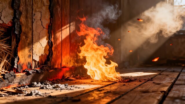 Fire burning wooden floor and wall