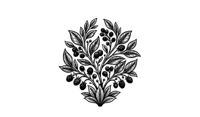 Black and white botanical leaves and berry branches vector illustration in vintage engraved nature style © Md Humaun
