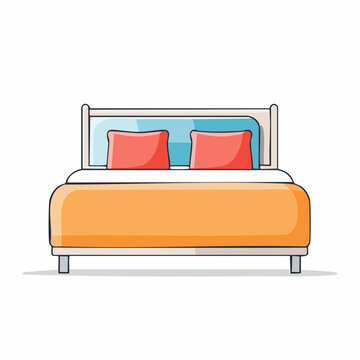 Illustration of a Double Bed with Orange Bedding and Red Pillows