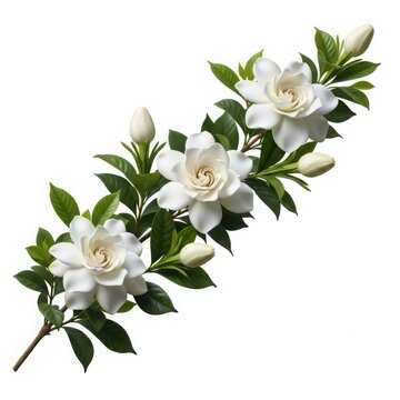 Gardenia flowers and buds on a stem with green leaves clipping path white background isolated object isolated flo