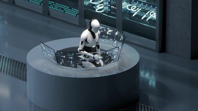 Looping robot in server room monitors systems via futuristic interface