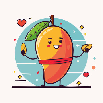 Cute Mango Character with Happy Expression and Heart Symbols