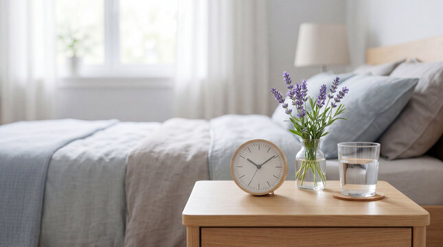 Sleep hygiene nightstand scene with lavender