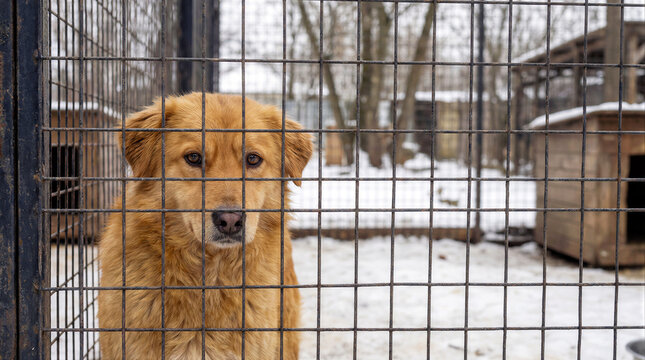 A lonely red mixed breed dog looks through the metal wire fence of an outdoor kennel in a winter animal shelter, expressing sadness and hope for adoption in snowy weather.