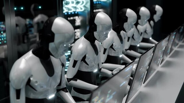 Looping robot in server room monitors systems via futuristic interface