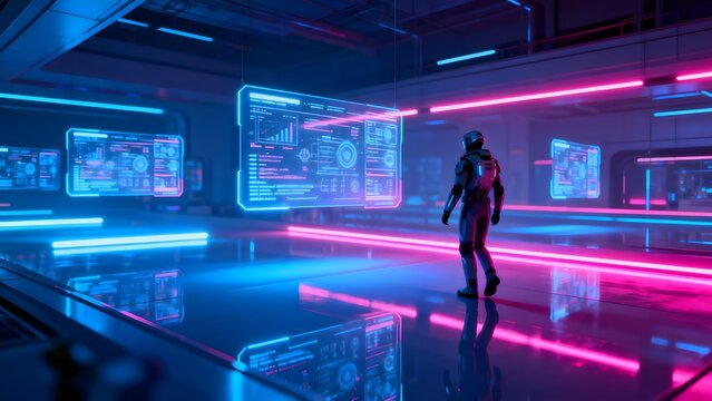 Futuristic corridor with humanoid figure