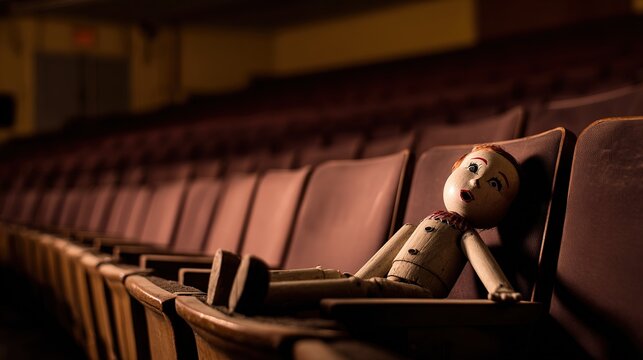 marionette. Discarded wooden puppet on empty theater stage, dramatic spotlight with deep shadows. event programs, museum guides, designed for cultural heritage projects and event programs.