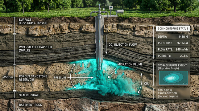 Geosequestration architecture visualizing underground CO2 dispersion within porous rock strata to support climate mitigation and driving market scalability.