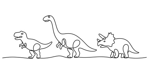 Continuous one line drawing of three different dinosaurs walking together © JCS Graphic Design 