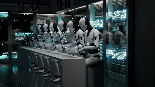 Looping robot in server room monitors systems via futuristic interface