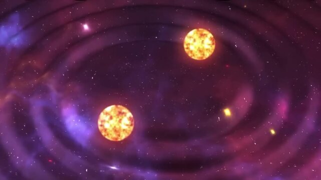 Binary star system orbiting in deep space with gravitational waves animation.