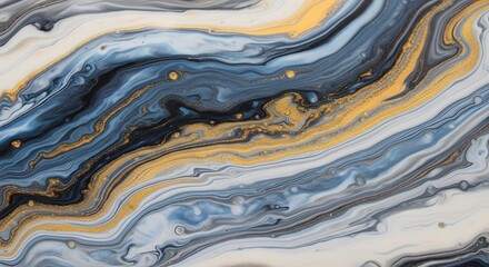 Obraz premium Abstract fluid art with swirling patterns of gold, blue, and white paint creating a mesmerizing marbled effect on a textured surface, perfect for backgrounds and design elements
