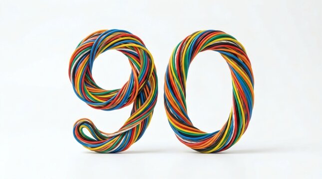 Colorful twisted wires forming the number ninety on white background