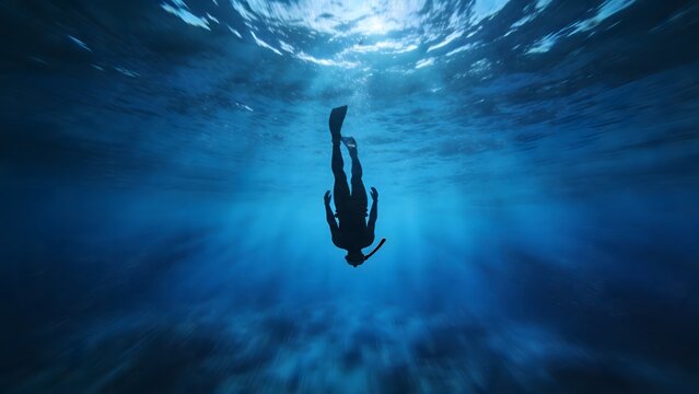 Silhouette of a diver exploring the deep blue ocean with sunbeams breaking through the surface.