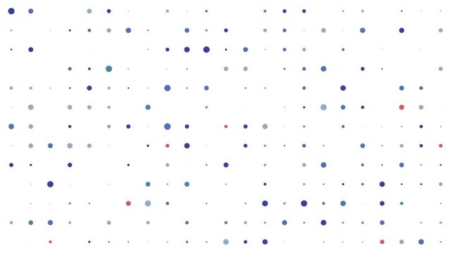 Animated illustration with circular geometric elements of different shapes and colors arranged symmetrically on a white background.