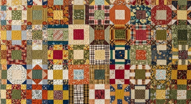 Intricate handmade patchwork quilt displaying a vibrant array of traditional geometric patterns and diverse fabric textures, evoking a sense of cozy craftsmanship and vintage charm