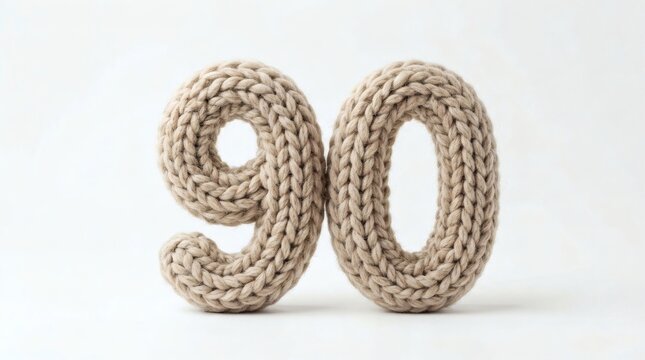 Knitted number 90 made from beige yarn on white background