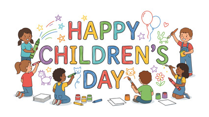 Fototapeta premium Joyful Children's Day: A vibrant illustration depicts a cheerful celebration of Children's Day, where diverse children use colorful crayons to draw delightful images around playful lettering.