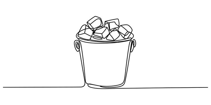 Continuous single line drawing of a metal bucket full of ice cubes