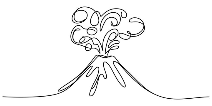 Volcano erupting smoke in a simple one line drawing style