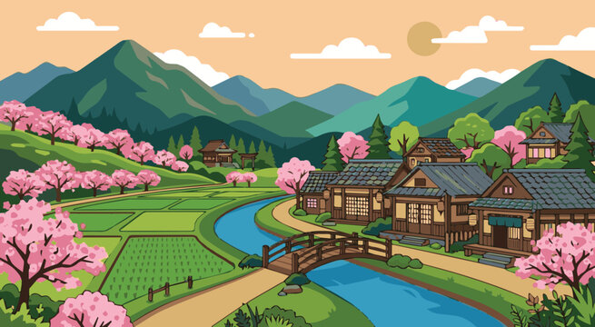 Spring Bloom in a Serene Japanese Village Landscape
