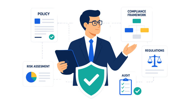 Professional Businessman Presenting Security And Compliance Concepts In An Illustration.