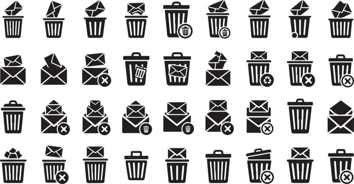 Trash Can, Recycling Bin, Email, Spam Icon Set, 30 Black Vector Graphics