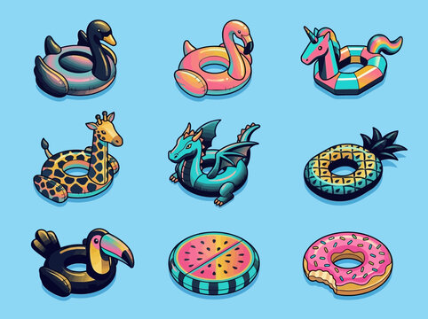 Collection of Colorful Inflatable Pool Floats, Isometric Vector Set of Summer Beach Toys Including Flamingo, Unicorn, Dragon, Donut, and Fruit Shapes