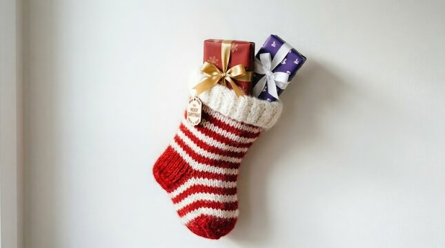 Christmas stocking with wrapped gifts on white background