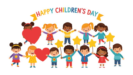 Happy Children's Day Celebration: A joyful illustration celebrating Children's Day, featuring a cheerful group of diverse children holding hands and stars, fostering a sense of unity and happiness. 