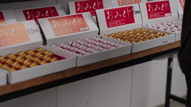 Omikuji fortune capsules in gold and white arranged in trays on shrine shelf Japan 500 yen