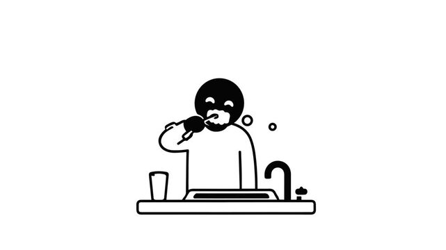 Animated stick figure brushing teeth with foam in mouth in front of a bathroom sink. Minimalist black and white doodle animation for dental care, morning routine, and personal hygiene.