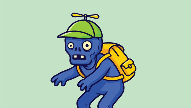 Cartoon Zombie Boy with Propeller Hat and Backpack Illustration.