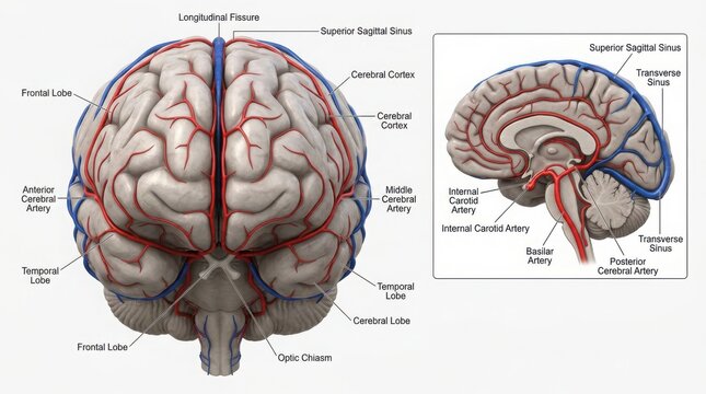 Anatomical illustration of human brain with blood vessels and labels illustration