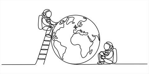 Continuous single line drawing of two astronauts sitting on a ladder and on the ground next to the planet earth in space Vector, illustration © Surjo Stocker_2026