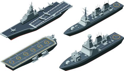 Modern Isometric Naval Fleet Vector Set with Aircraft Carrier Amphibious Assault Ship and Guided Missile Destroyers for Military Defense Strategy and Maritime Security Graphic Designs © Sanjida
