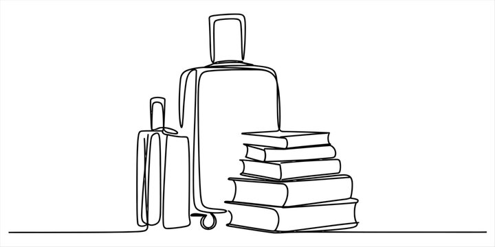 Continuous single line drawing of travel suitcases and a stack of books Vector, illustration