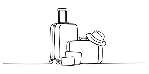 Continuous single line drawing of travel suitcases and a hat for vacation concept Vector, illustration © Surjo Stocker_2026