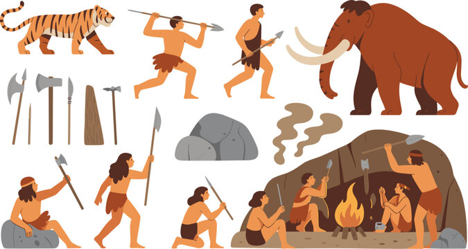 Prehistoric Stone Age Vector Set with Caveman Hunters Woolly Mammoth Saber Toothed Tiger and Primitive Tools for History Education and Ancient Civilization Graphic Designs
