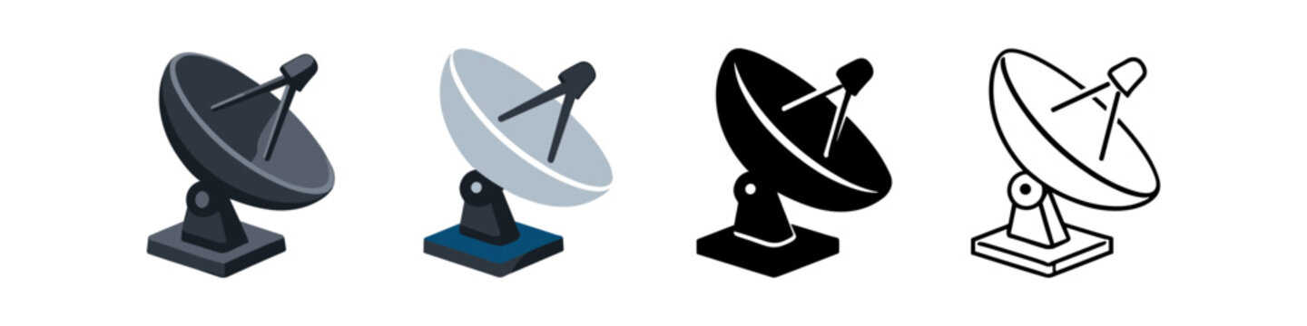 Collection of satellite dish icons in different styles and colors for communication