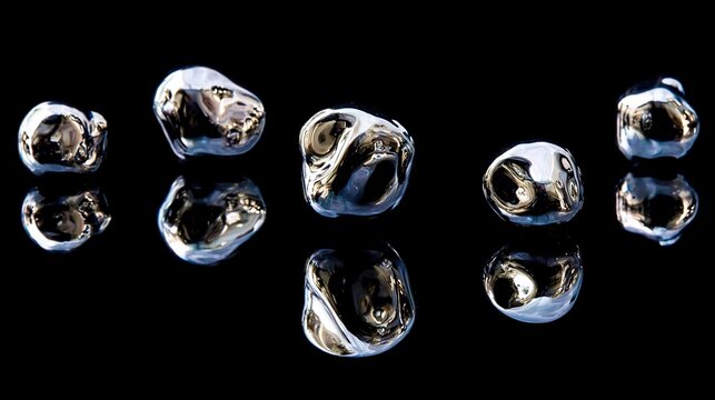 globules. Liquid mercury droplets rolling on a black surface, forming shimmering spheres. STEM education sheets, lab safety posters, designed for STEM education and laboratory safety posters.