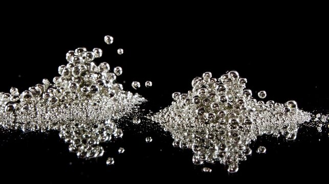 globules. Liquid mercury droplets rolling on a black surface, forming shimmering spheres. STEM education sheets, lab safety posters, designed for STEM education and laboratory safety posters.