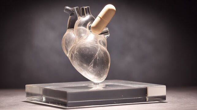statin. An abstract glass sculpture of a human heart, with a single statin pill balanced on its top. event programs, museum guides, designed for cultural heritage projects and event programs.