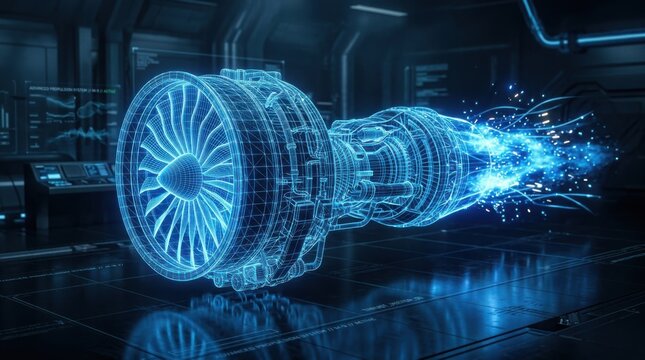 Glowing blue digital wireframe of a jet engine turbine in operation illustration