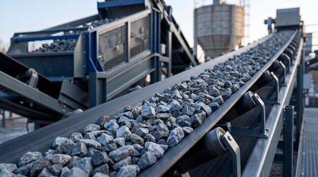 Crushed stone transported by conveyor belt to quarry 